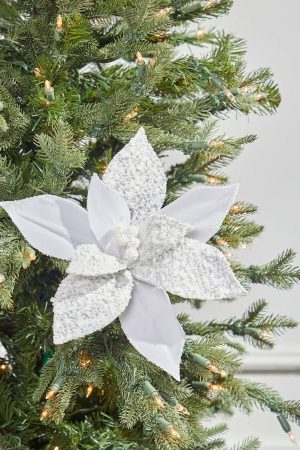 Christmas Flowers | 19" White & Silver Poinsettia Pick Christmas Decor Christmas Flowers