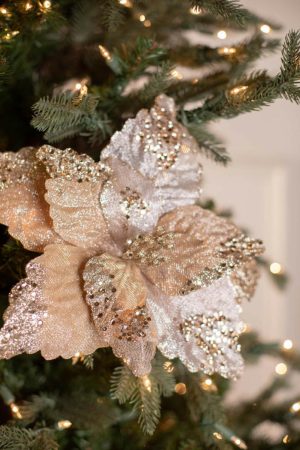 Christmas Flowers | 19" X 12.5" Sequin Glitter Sheer Poinsettia Stem Christmas Decor Champagne