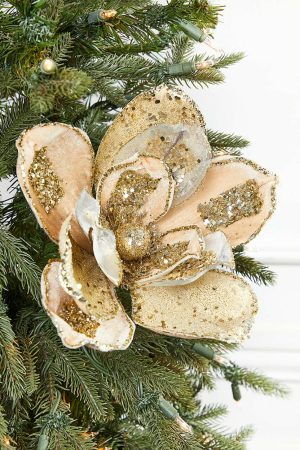 Christmas Flowers | 22" X 10" Gold Glitter Magnolia Stem Christmas Decor Christmas Flowers