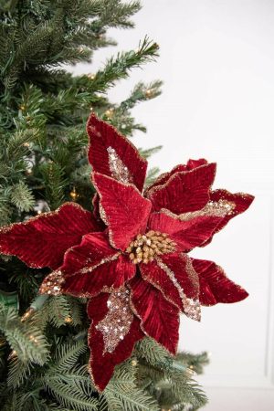 Christmas Flowers | 22" X 14.5" Velvet Glitter Poinsettia Stem – Maroon Christmas Decor Christmas Flowers