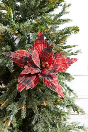 Christmas Flowers | 22" X 14" Plaid Poinsettia Stem Christmas Decor Christmas Flowers