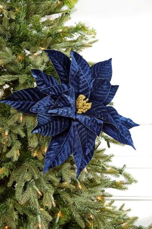 Christmas Flowers | 22" X 17.75" Midnight Blue With Gold Large Poinsettia Stem Christmas Decor Blue