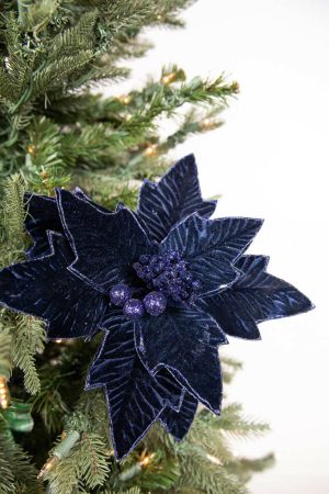 Christmas Flowers | 24" X 11" Poinsettia Stem – Midnight Blue Christmas Decor Blue