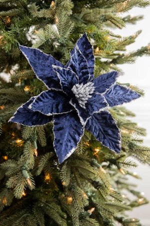 Christmas Flowers | 24" X 12.5" Navy Glitter Edge Velvet Poinsettia Stem Christmas Decor Christmas Flowers