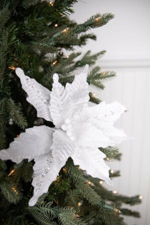 Christmas Flowers | 24" X 12" Glitter Edge Bugle Bead Velvet Poinsettia Stem Christmas Decor Christmas Flowers