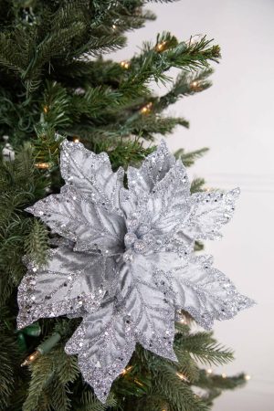 Christmas Flowers | 24" X 12" Leafy Silver Poinsettia Stem Christmas Decor Christmas Flowers