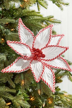 Christmas Flowers | 24" X 12" White With Peppermint Stripes Poinsettia Christmas Decor Christmas Flowers