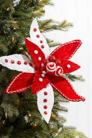 Christmas Flowers | 24" X 14.5" Velvet Candy Cane Poinsettia Stem Christmas Decor Christmas Flowers