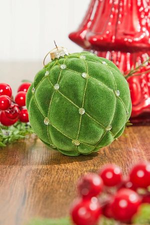 Christmas Ornaments | 4" Glass Quilted Net Jewel Flocked Ball Ornament Christmas Decor Christmas Ornaments