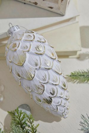 Christmas Ornaments | 8" White & Gold Matte Pine Cone Ornament Christmas Decor Christmas Ornaments