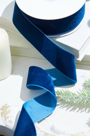 Christmas Ribbon | 1.5" X 10 Yard Deep Aquamarine Unwired Velvet Ribbon Christmas Decor Blue