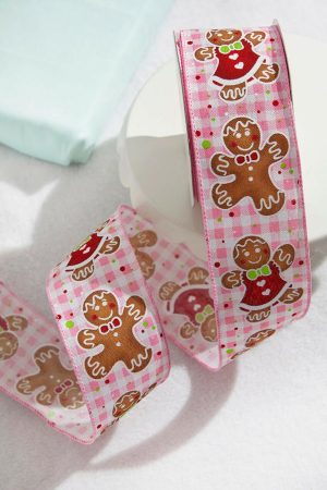 Christmas Ribbon | 2.5" X 10 Yard Pink Check Gingerbread Ribbon Christmas Decor Christmas Ribbon