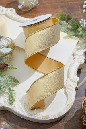 Christmas Ribbon | 2.5" X 5 Yard Gold Splash With Fused Tissue Back Ribbon Christmas Decor Christmas Ribbon