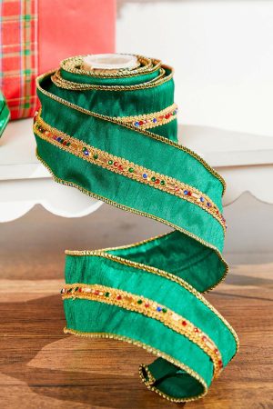 Christmas Ribbon | 2.5" X 5 Yard Jewel Center Trim Dupioni Ribbon Christmas Decor Christmas Ribbon