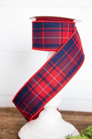 Christmas Ribbon | 2.5" X 5 Yard Plaid Check Tafetta Ribbon – Red/Navy Christmas Decor Christmas Ribbon