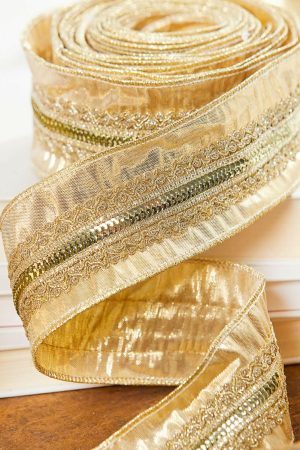 Christmas Ribbon | 2.5" X 5 Yard Trim On Metallic Dupioni Ribbon – Gold Christmas Decor Christmas Ribbon