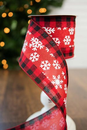 Christmas Ribbon | 4" X 10 Yard Buffalo Plaid Edge Snowflake Ribbon Christmas Decor Christmas Ribbon