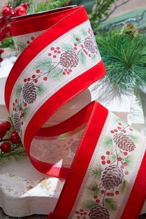 Christmas Ribbon | 4" X 10 Yard Pinecone And Berry Wired Ribbon Christmas Decor Christmas Ribbon