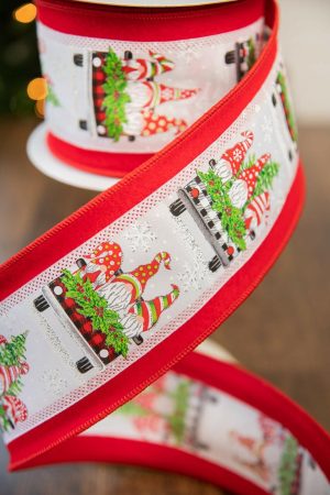 Christmas Ribbon | 4" X 10 Yard Red Back/Santa Gnomes Ribbon Christmas Decor Christmas Ribbon