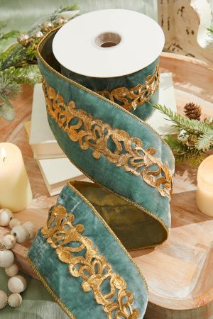 Christmas Ribbon | 4" X 5 Aqua Velvet Embellished Ribbon Christmas Decor Blue