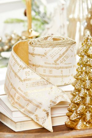 Christmas Ribbon | 4" X 5 Yard Gold Foil Holy Night Music Ribbon Christmas Decor Christmas Ribbon