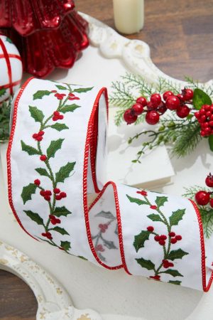 Christmas Ribbon | 4" X 5 Yard Holly Berry & Vine Embroidered Canvas Ribbon Christmas Decor Christmas Ribbon