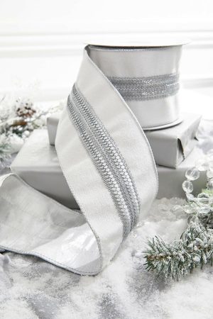 Christmas Ribbon | 4" X 5 Yard Silver Trim On White Velvet Ribbon Christmas Decor Christmas Ribbon