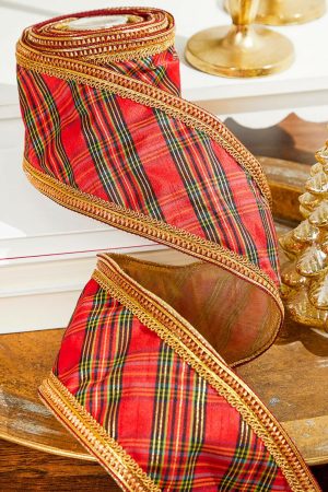 Christmas Ribbon | 4" X 5 Yard Tartan Plaid With Trim Wired Ribbon – Red Christmas Decor Christmas Ribbon