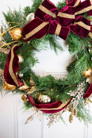 Christmas Wreaths | 30" Cordless Prelit Crimson & Gold Holiday Wreath Christmas Greenery Christmas Wreaths