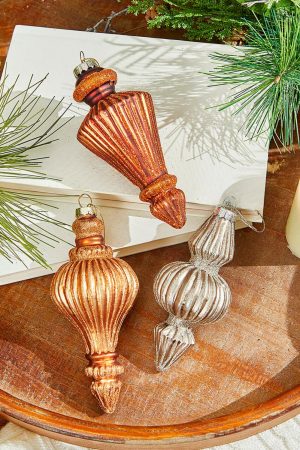 Glass Ornaments | 6" Bronze/Gold/Silver Finial Glass Ornament Christmas Decor Brown