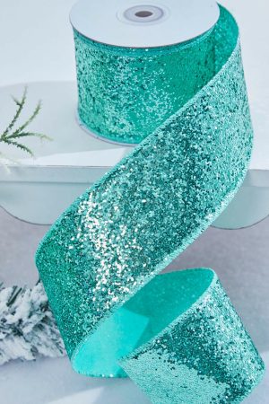 Christmas Ribbon | 2.5" X 10 Yard Mint Green Glitter Wired Ribbon Christmas Decor Blue