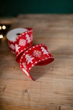 Christmas Ribbon | 2.5" X 10 Yard Red And White Snowflake And Christmas Tree Ribbon Christmas Decor Christmas Ribbon