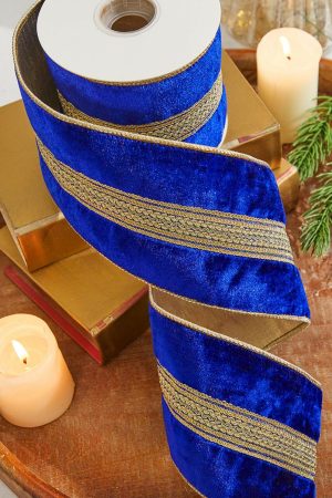 Christmas Ribbon | 4" X 5 Yard Gold Braid Trim Velvet Gold Back Ribbon Christmas Decor Blue